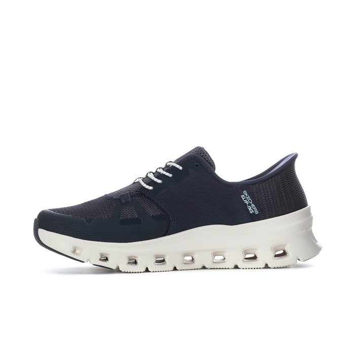 Men's navy knit lace-up sneakers with white platform sole and metal eyelets.