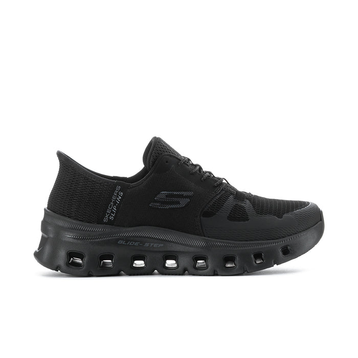 Black women's slip-resistant sneaker with cushioned, textured rubber outsole