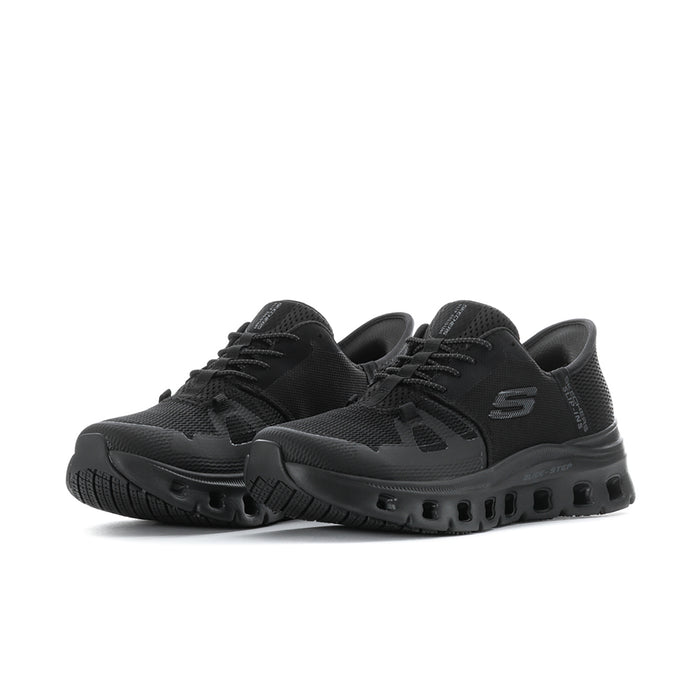 Black women's slip-on sneaker, knit upper and rugged treaded sole