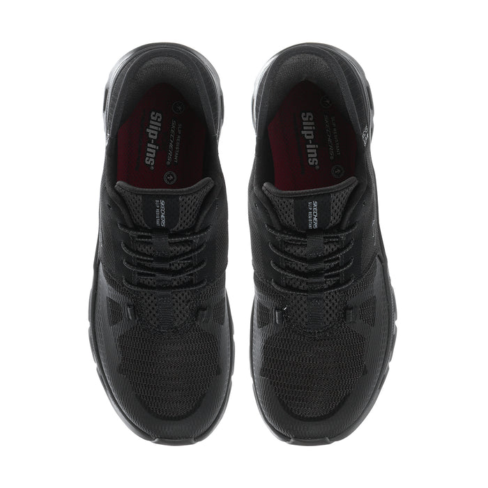 Black women's slip-on sneaker with lace-up design and mesh-like knit