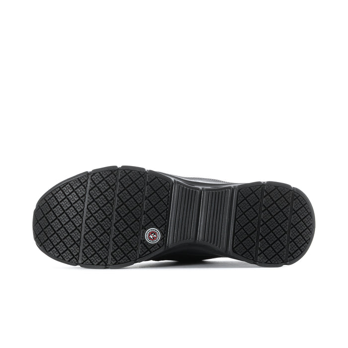 Black outsole of women's slip-resistant sneaker with deep traction tread