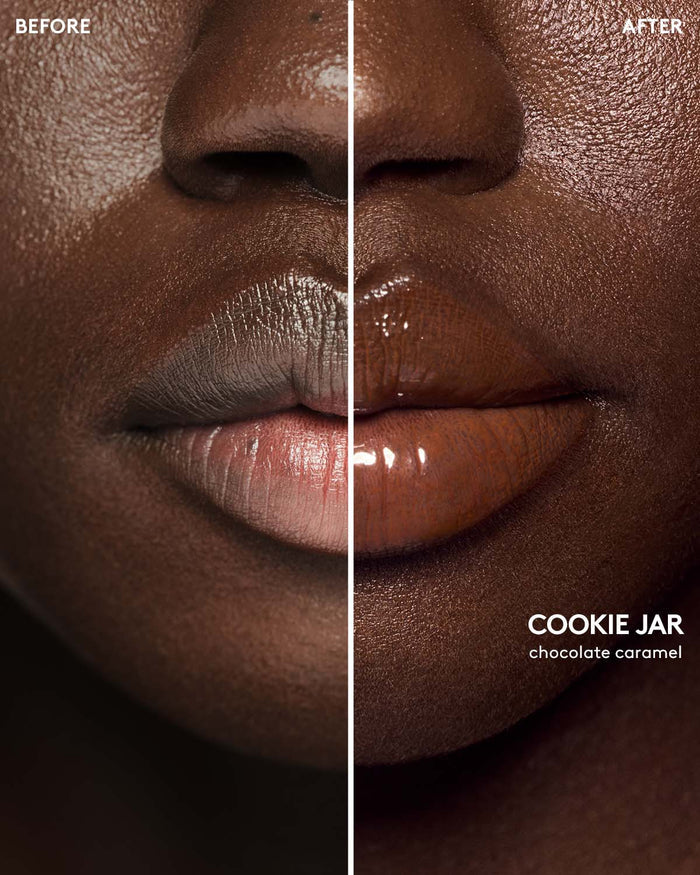 before and after of deep skin toned model wearing gloss bomb color drip lip cream in shade cookie jar