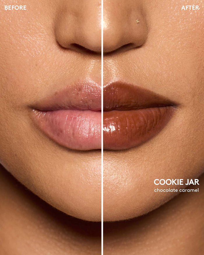 before and after of medium skin toned model wearing gloss bomb color drip lip cream in shade cookie jar