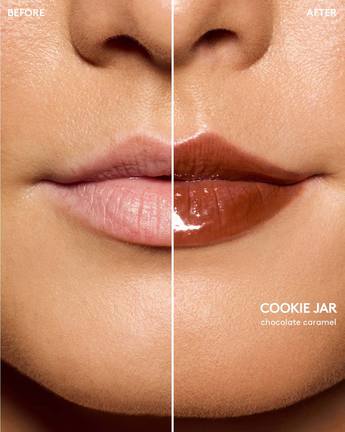 before and after of light skin toned model wearing gloss bomb color drip lip cream in shade cookie jar