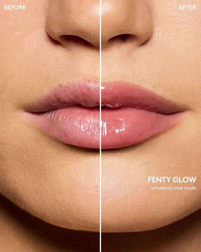before and after of light skin toned model wearing gloss bomb color drip lip cream in shade fenty glow
