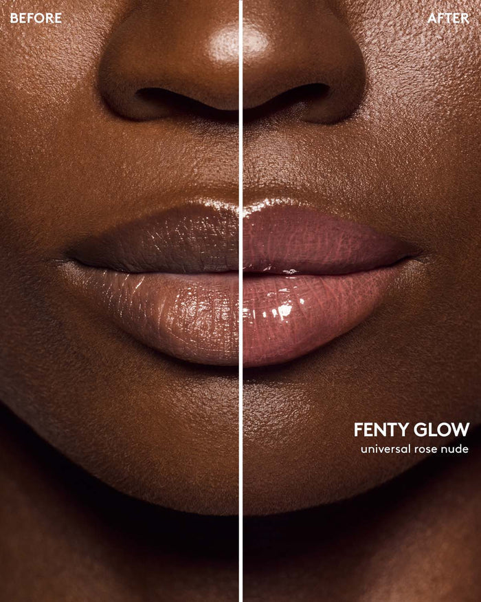 before and after of deep skin toned model wearing gloss bomb color drip lip cream in shade fenty glow
