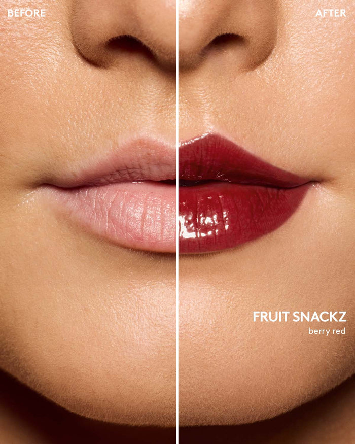 before and after of light skin toned model wearing gloss bomb color drip lip cream in shade fruit snackz