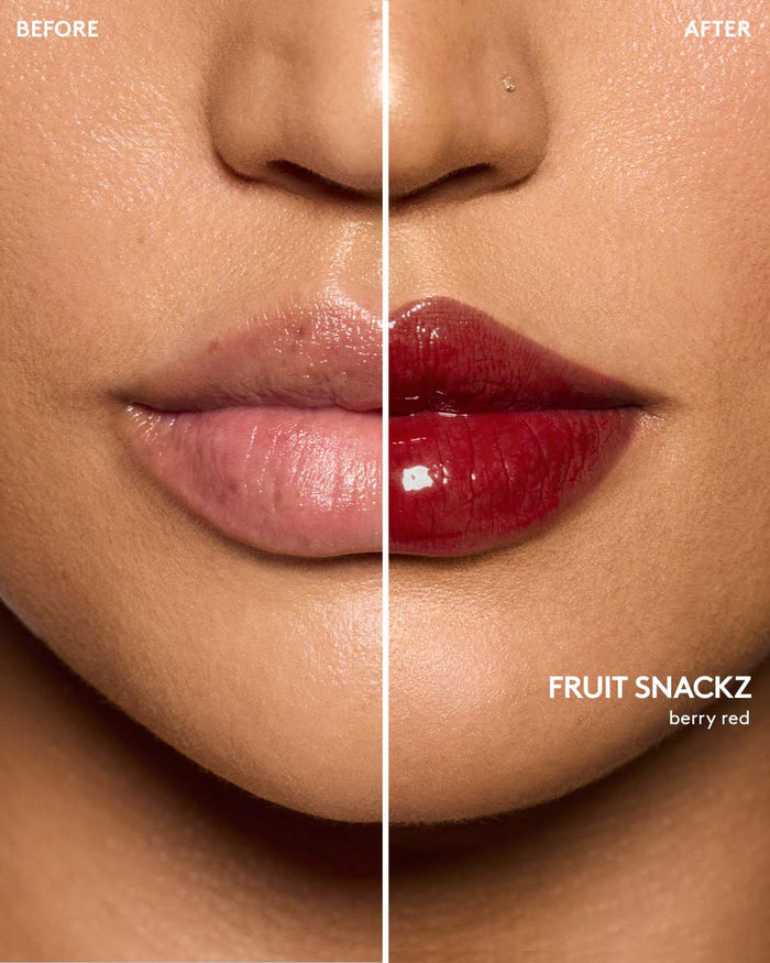 before and after of medium skin toned model wearing gloss bomb color drip lip cream in shade fruit snackz