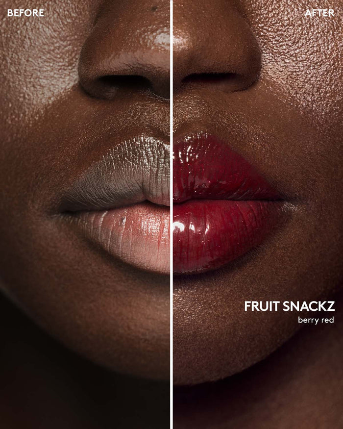 before and after of deep skin toned model wearing gloss bomb color drip lip cream in shade fruit snackz