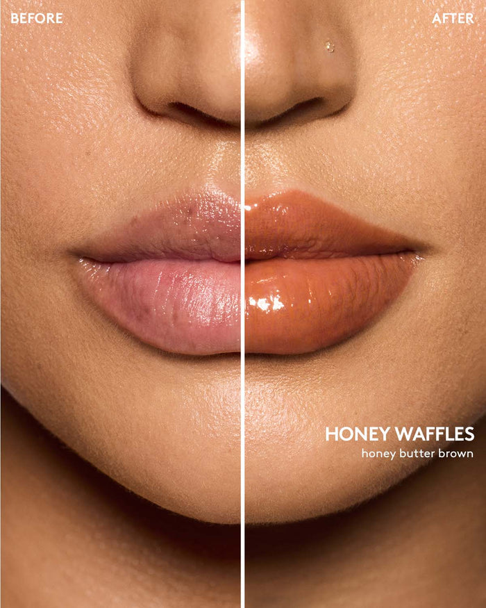 before and after of medium skin toned model wearing gloss bomb color drip lip cream in shade honey waffles