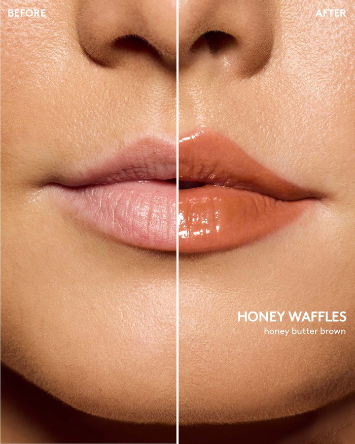 before and after of light skin toned model wearing gloss bomb color drip lip cream in shade honey waffles