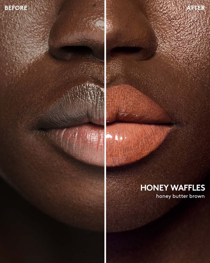 before and after of deep skin toned model wearing gloss bomb color drip lip cream in shade honey waffles