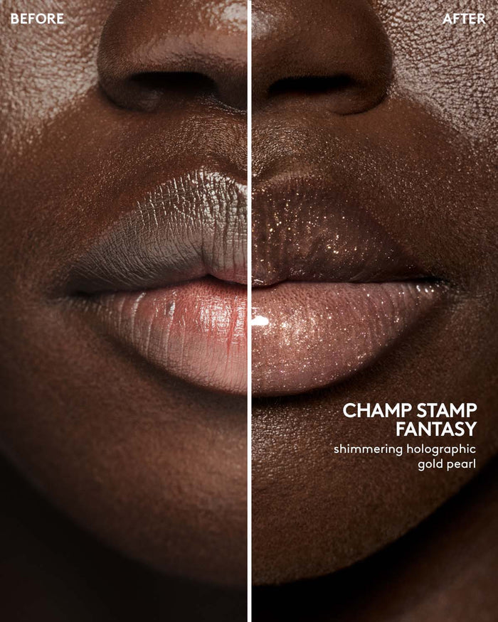 before and after of deep skin toned model wearing gloss bomb universal lip luminizer in shade champ stamp fantasy