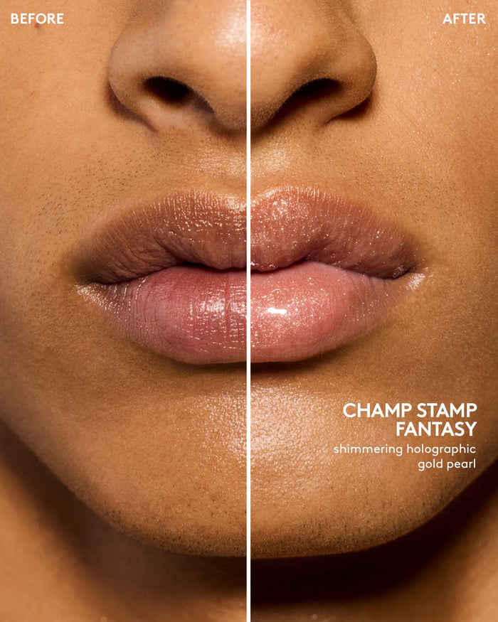 before and after of medium skin toned model wearing gloss bomb universal lip luminizer in shade champ stamp fantasy
