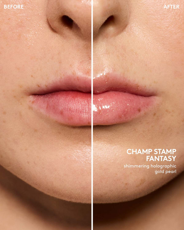 before and after of light skin toned model wearing gloss bomb universal lip luminizer in shade champ stamp fantasy