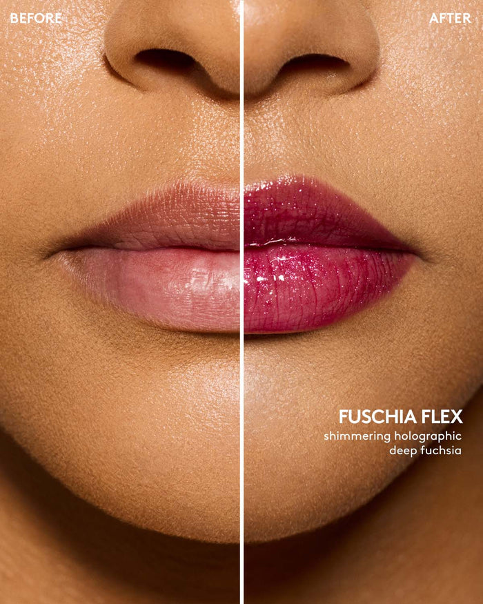 before and after of medium skin toned model wearing gloss bomb universal lip luminizer in shade fuchsia flex
