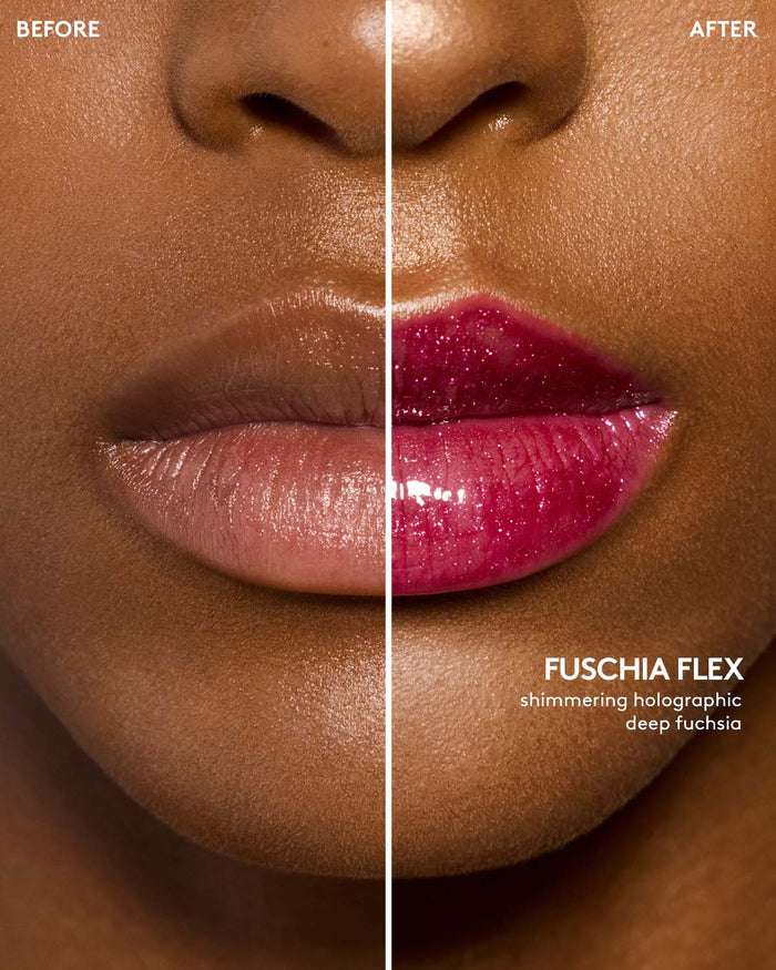 before and after of deep skin toned model wearing gloss bomb universal lip luminizer in shade fuchsia flex