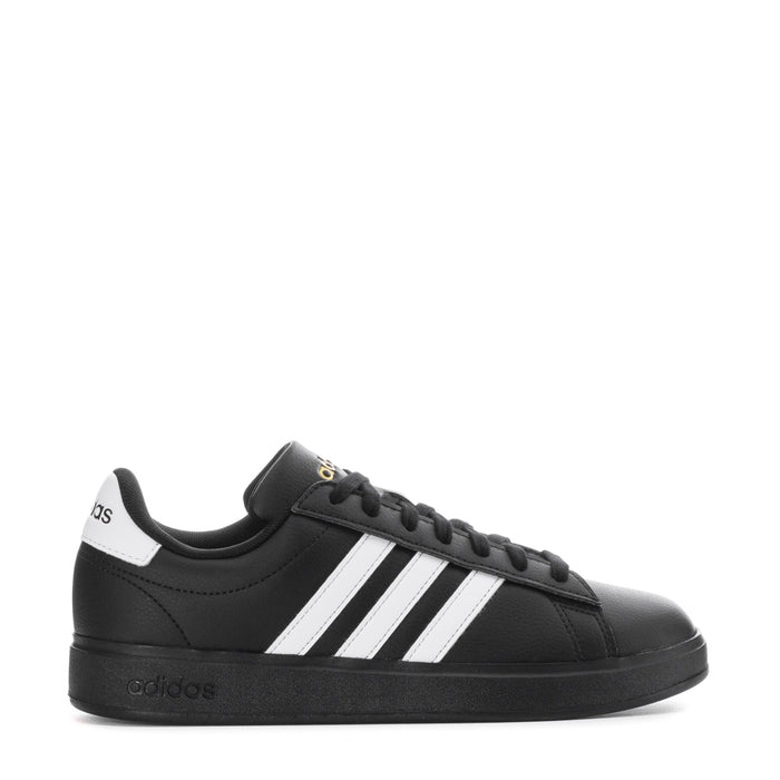 Women's adidas Grand Court 2.0 black low-top sneakers with three white stripes, lace-up