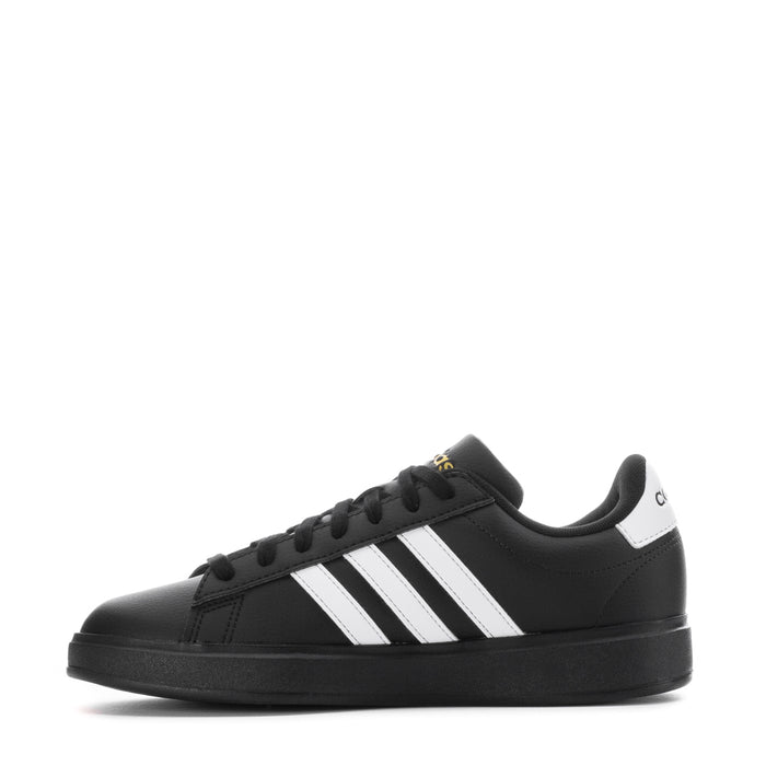 Women's adidas Grand Court 2.0 black low-top sneakers with white triple stripes and lace-up