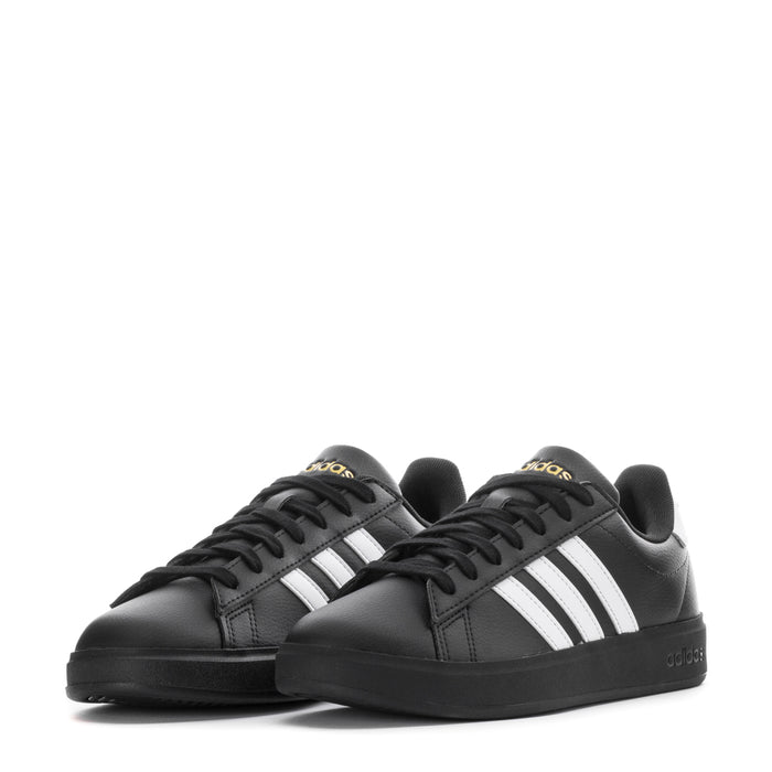Pair of Women's adidas Grand Court 2.0 black low-top sneakers with white triple side stripes