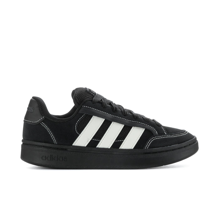 Men's black suede low-top sneaker with three white side stripes