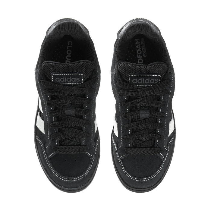 Black lace-up sneakers with cushioned tongue and logo patches