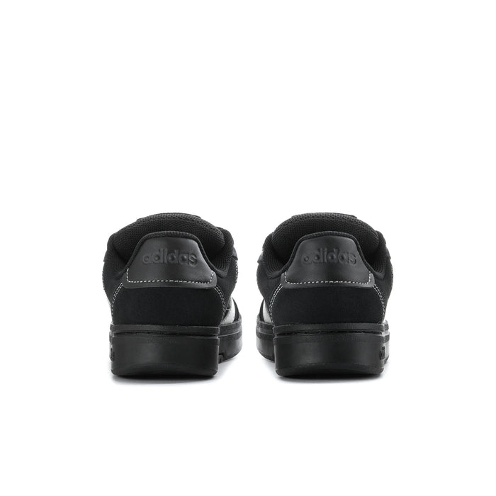 Rear view of black sneakers with heel tabs and cushioned back collar