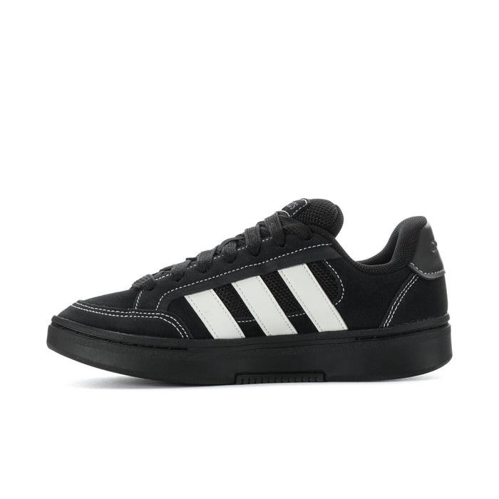 Black low-top skate sneaker with white triple stripes and padded tongue