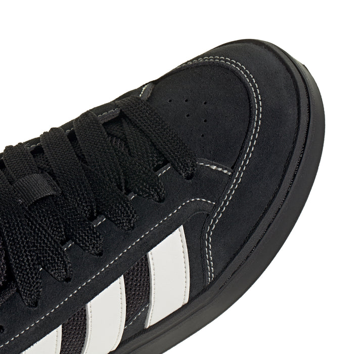 Black lace-up sneaker upper with suede panels and contrast white side stripe