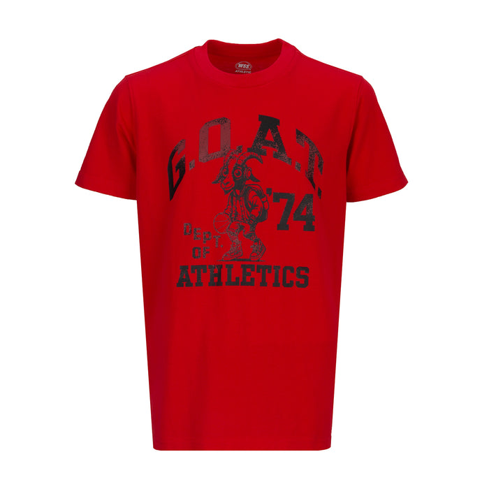 Red youth graphic T-shirt with large black sports lettering on front