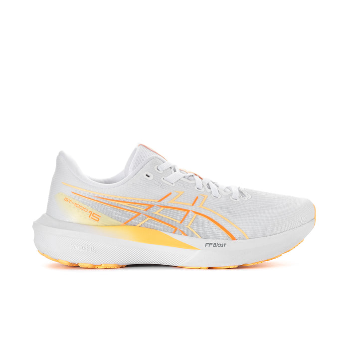 Women’s low-top running shoe in white with vivid coral accents and cushioned sole