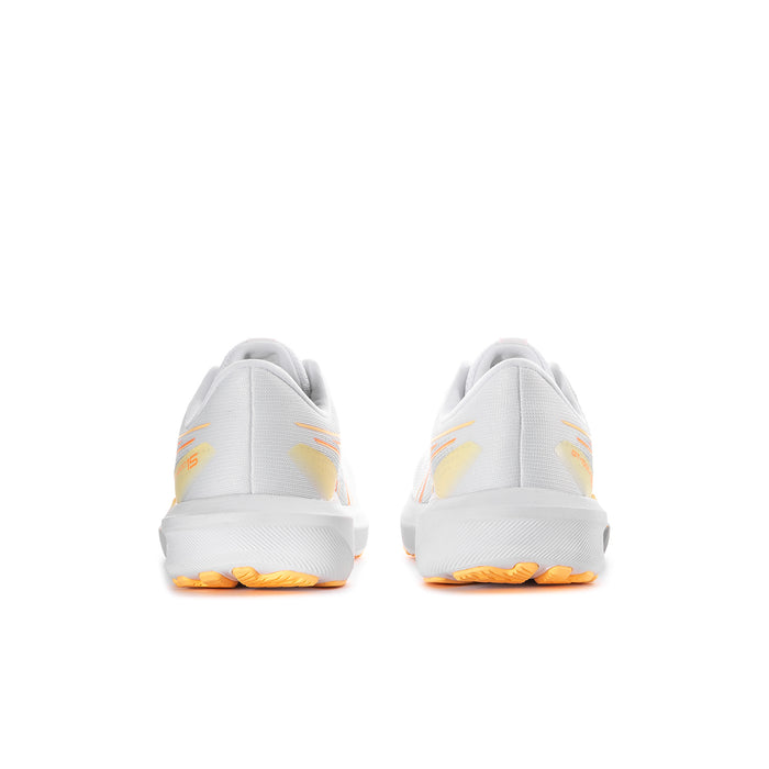 Women’s running shoes from the back in white with coral-orange heel and sole accents