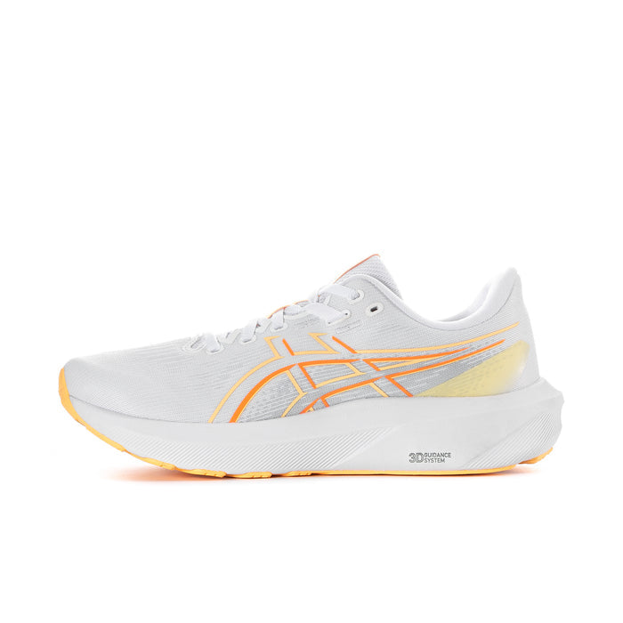 White women’s running shoe with vivid coral side logo and yellow-orange midsole edge