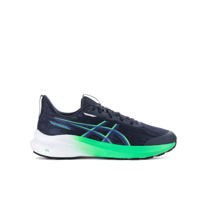 Youth lace-up running shoe, dark navy upper with neon green and blue accents, white sole