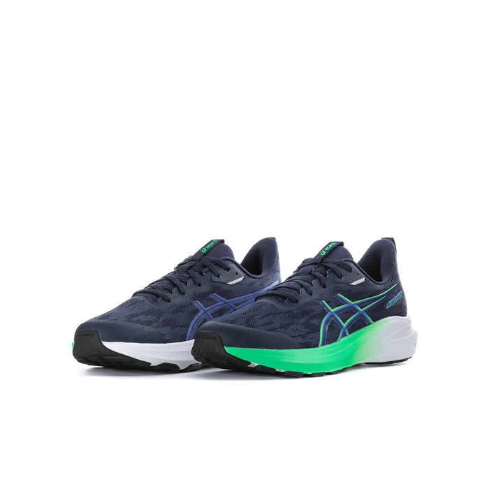 Youth lace-up running shoe, navy knit with teal blue logo lines and bright green trim