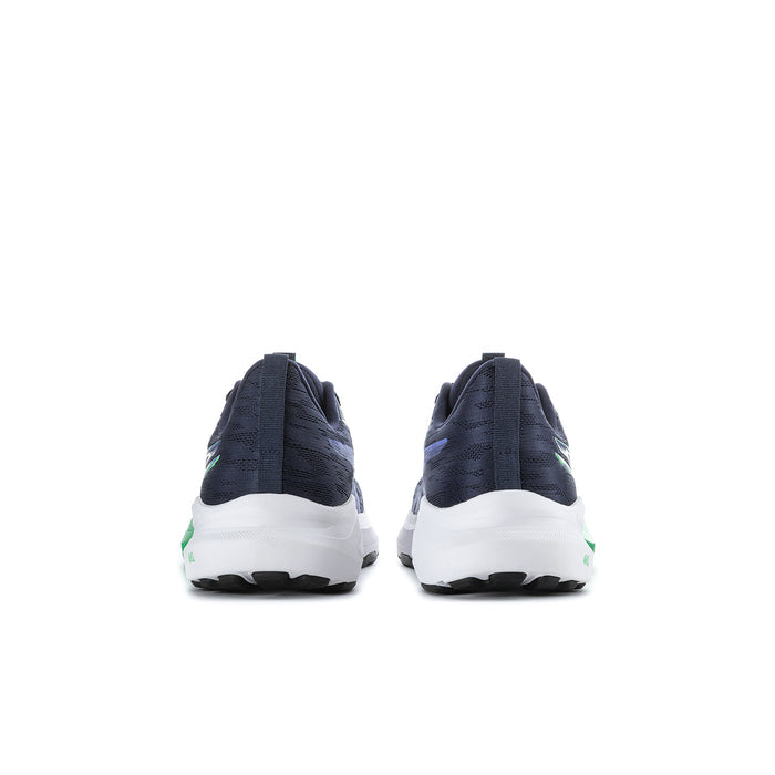 Youth running shoe rear view, white midsole with neon green heel details, dark navy upper