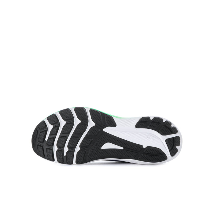 Youth shoe outsole view with black traction pods and white midfoot section