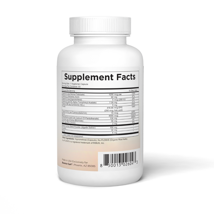 Bounce Curl hair vitamins supplement facts label printed on the hair vitamins bottle.