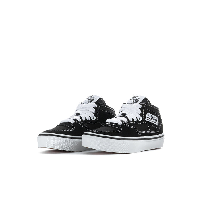 Kids half-calf sneakers pair, black uppers with white laces and Half Cafe side logo