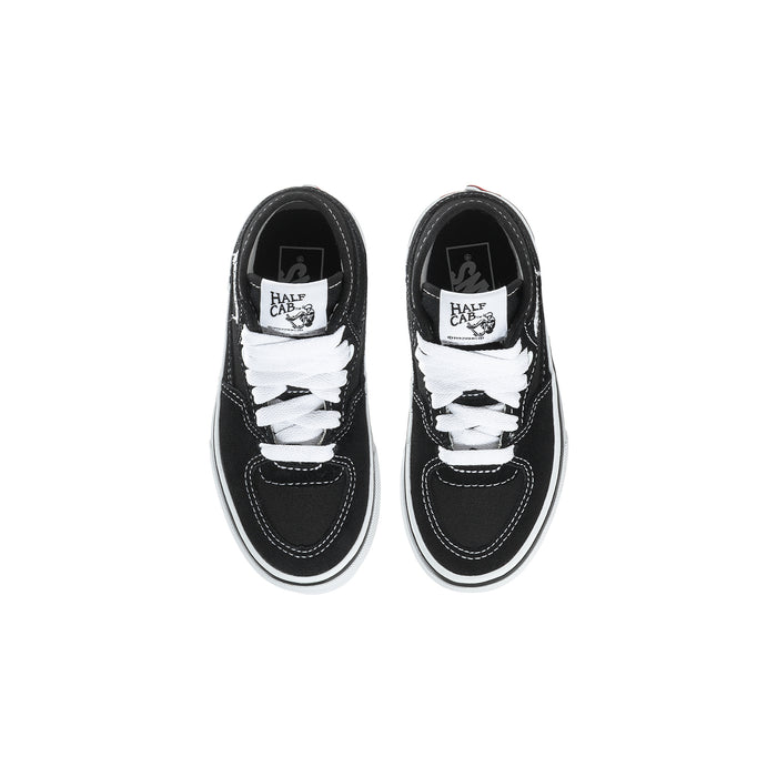 Kids half-calf sneaker pair, black uppers with white laces and logo on tongue