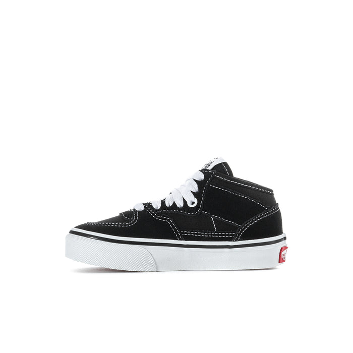 Single kids half-calf sneaker, black with white contrast stitching and side stripe