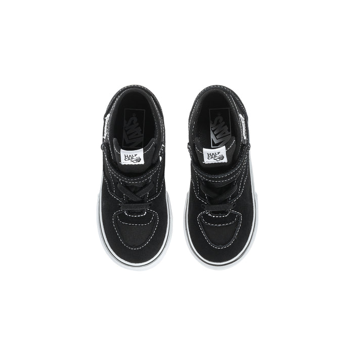 Toddler half-calf sneakers, black uppers with laces and Vans tongue label, side stripes
