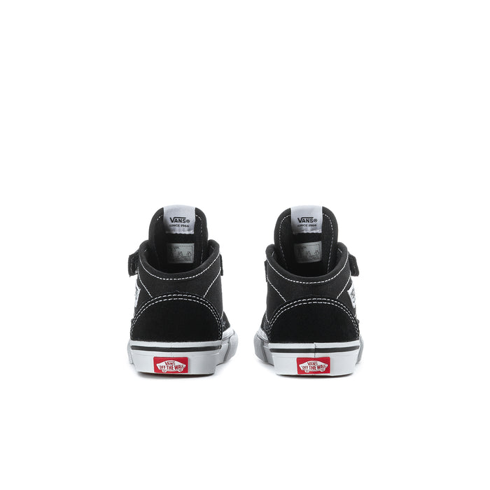 Toddler half-calf sneakers from heel view, black with Vans branding on back and white outsole
