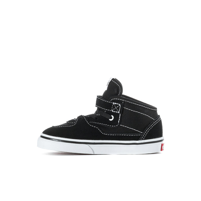 Toddler half-calf black sneaker with hook-and-loop strap, stitched overlays, and white midsole