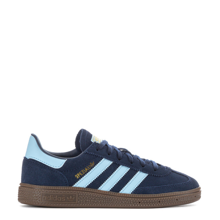 Kids navy suede adidas sneakers with light blue stripes and gum sole