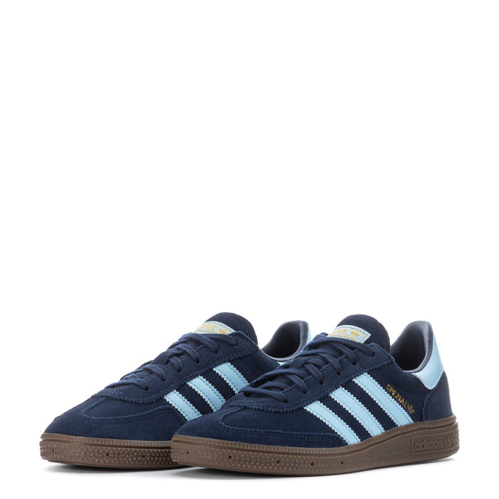 Pair of kids navy adidas Spezial sneakers with light blue stripes and gum soles