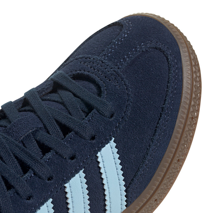 Close-up of kids navy suede adidas sneaker with light blue stripes and laces