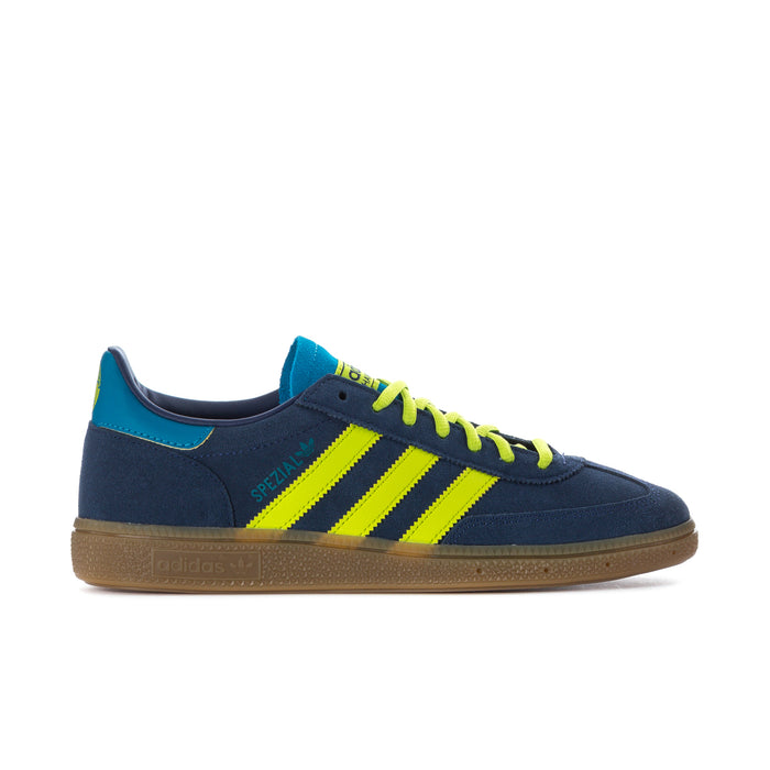Men's suede low-top sneakers in navy with neon green stripes and teal accents