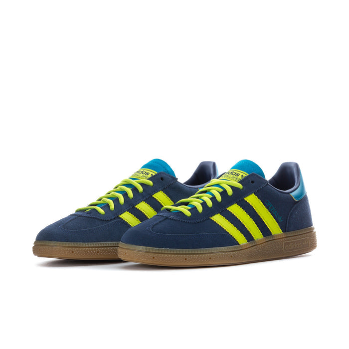 Men's low-top sneakers, navy with lime-green stripes and teal heel tab
