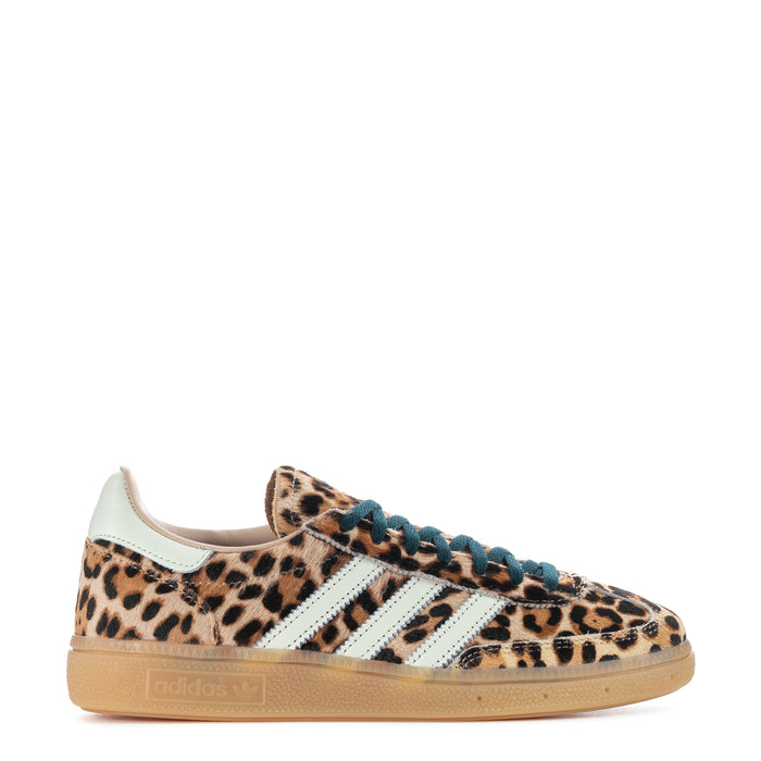 Women's leopard-print adidas Handball Spezial sneaker with teal laces and white stripes